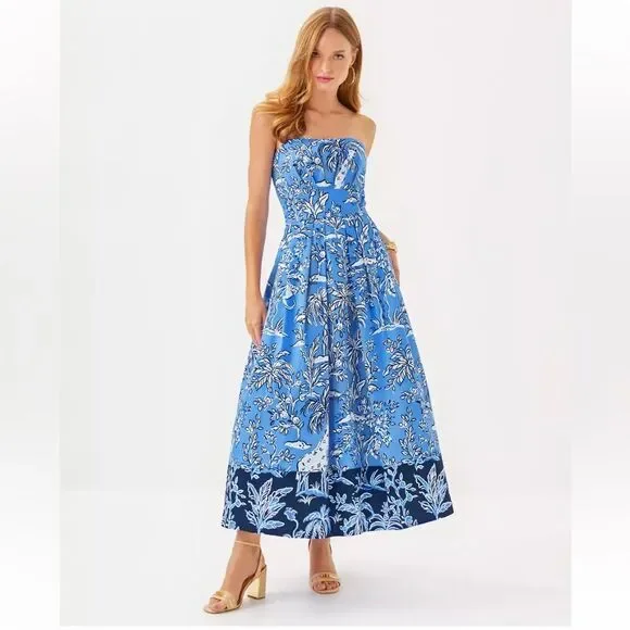 Lilly Pulitzer Kenni Midi Dress Blue Floral Floral Strapless Cotton NWT 16 - Picture 1 of 5